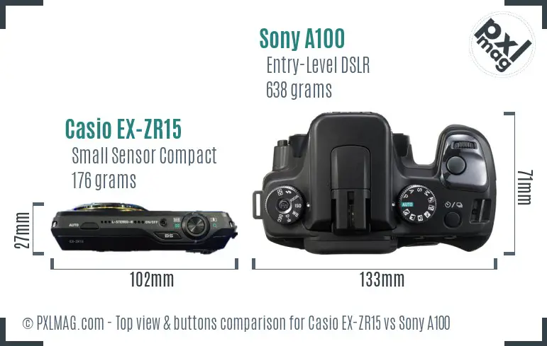 Casio EX-ZR15 vs Sony A100 top view buttons comparison Casio EX-ZR15 vs Sony A100 top view buttons comparison