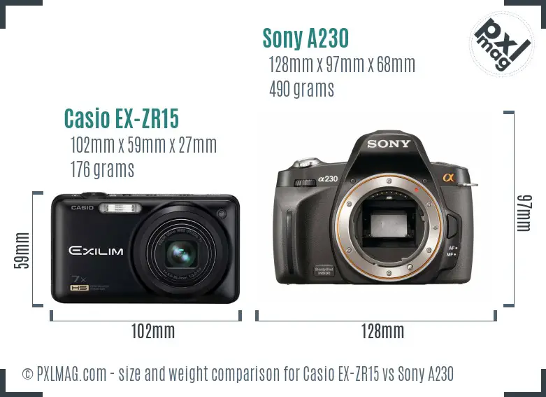 Casio EX-ZR15 vs Sony A230 size comparison