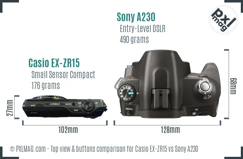 Casio EX-ZR15 vs Sony A230 top view buttons comparison