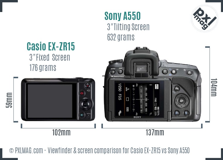 Casio EX-ZR15 vs Sony A550 Screen and Viewfinder comparison