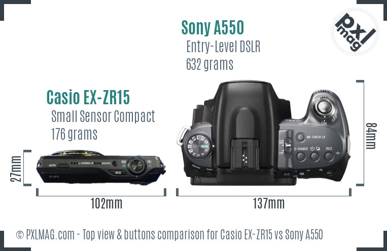 Casio EX-ZR15 vs Sony A550 top view buttons comparison
