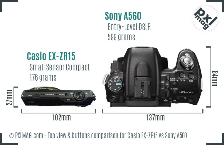 Casio EX-ZR15 vs Sony A560 top view buttons comparison