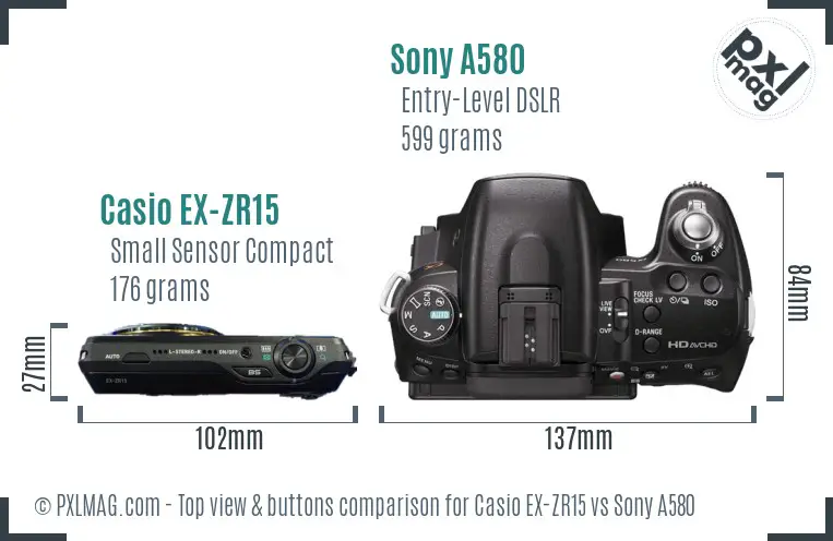 Casio EX-ZR15 vs Sony A580 top view buttons comparison