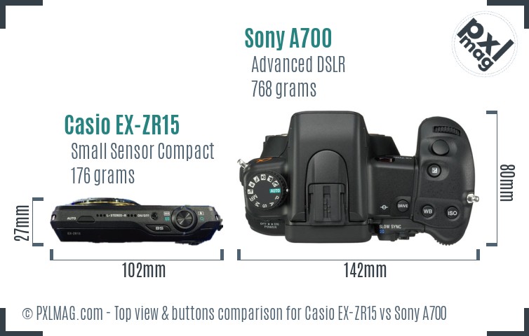 Casio EX-ZR15 vs Sony A700 top view buttons comparison
