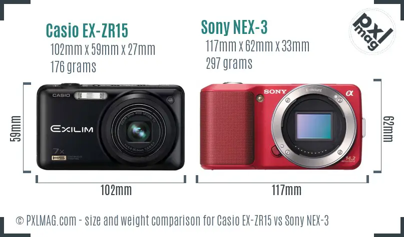 Casio EX-ZR15 vs Sony NEX-3 size comparison