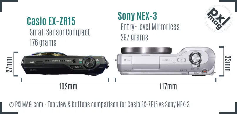Casio EX-ZR15 vs Sony NEX-3 top view buttons comparison