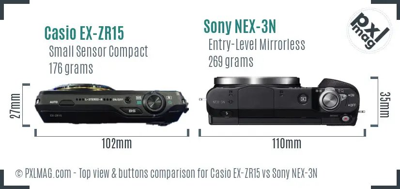 Casio EX-ZR15 vs Sony NEX-3N top view buttons comparison Casio EX-ZR15 vs Sony NEX-3N top view buttons comparison