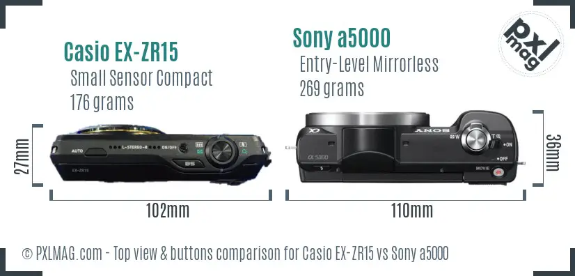Casio EX-ZR15 vs Sony a5000 top view buttons comparison Casio EX-ZR15 vs Sony a5000 top view buttons comparison