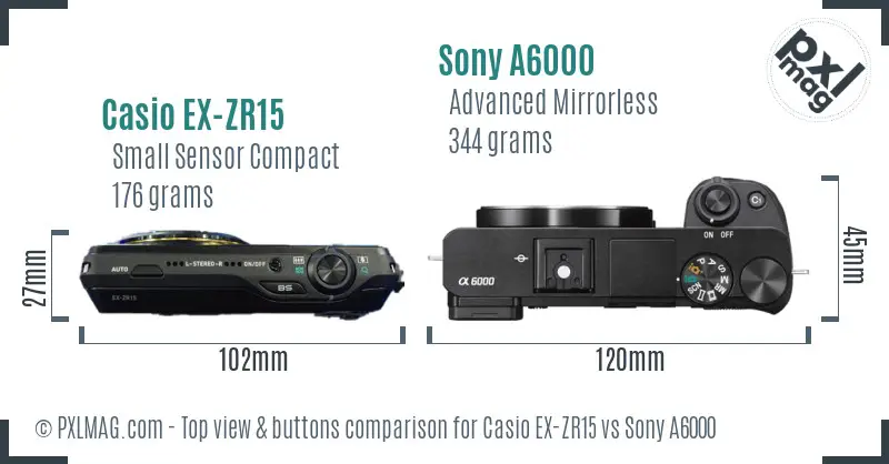 Casio EX-ZR15 vs Sony A6000 top view buttons comparison
