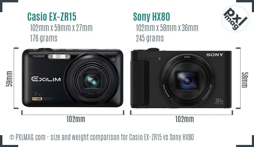 Casio EX-ZR15 vs Sony HX80 size comparison