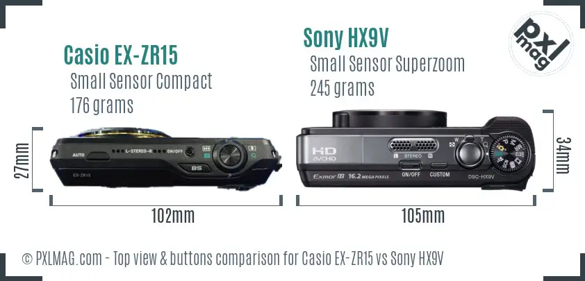 Casio EX-ZR15 vs Sony HX9V top view buttons comparison Casio EX-ZR15 vs Sony HX9V top view buttons comparison