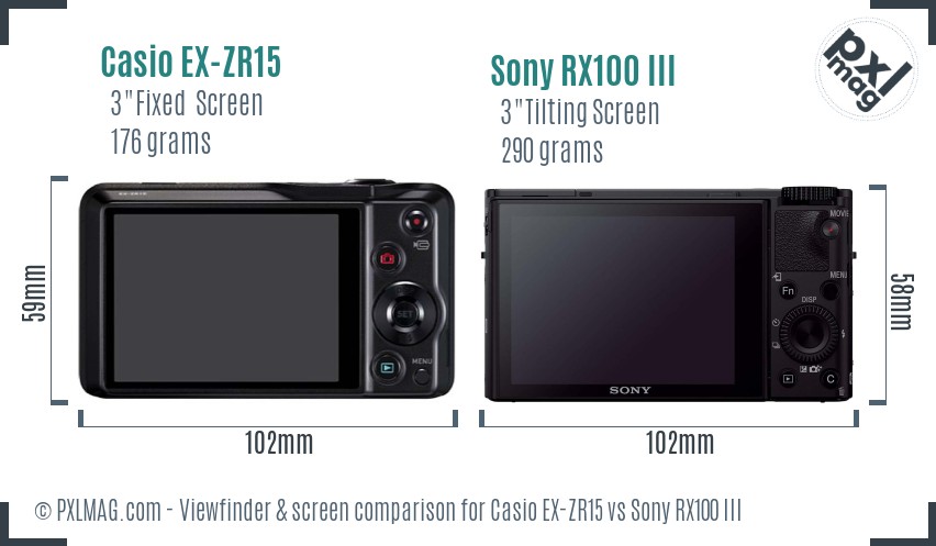 Casio EX-ZR15 vs Sony RX100 III Screen and Viewfinder comparison