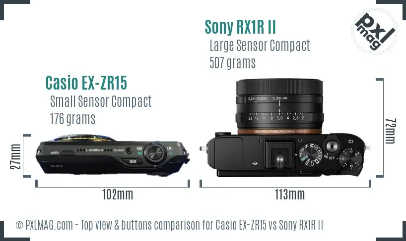 Casio EX-ZR15 vs Sony RX1R II top view buttons comparison Casio EX-ZR15 vs Sony RX1R II top view buttons comparison