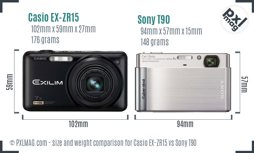 Casio EX-ZR15 vs Sony T90 size comparison
