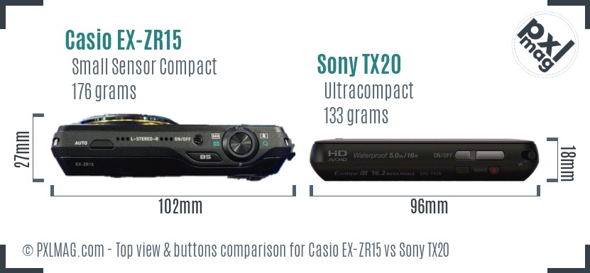 Casio EX-ZR15 vs Sony TX20 top view buttons comparison
