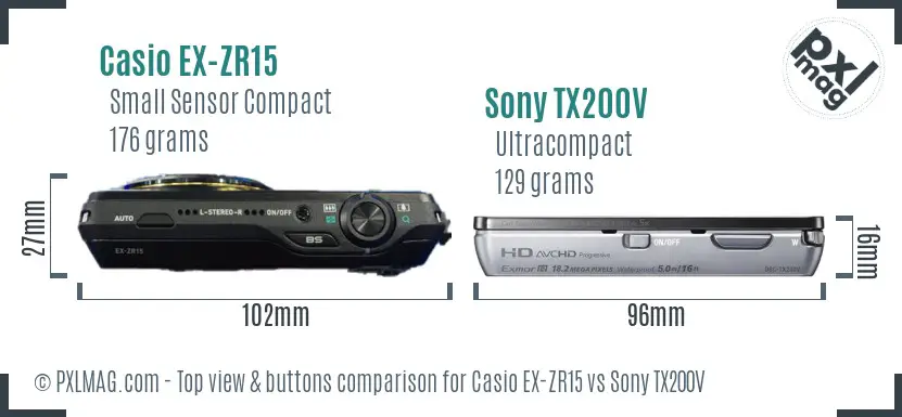 Casio EX-ZR15 vs Sony TX200V top view buttons comparison Casio EX-ZR15 vs Sony TX200V top view buttons comparison