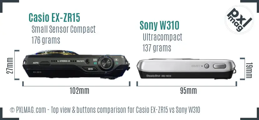 Casio EX-ZR15 vs Sony W310 top view buttons comparison Casio EX-ZR15 vs Sony W310 top view buttons comparison