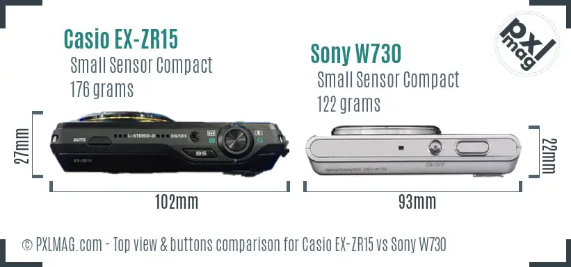 Casio EX-ZR15 vs Sony W730 top view buttons comparison Casio EX-ZR15 vs Sony W730 top view buttons comparison