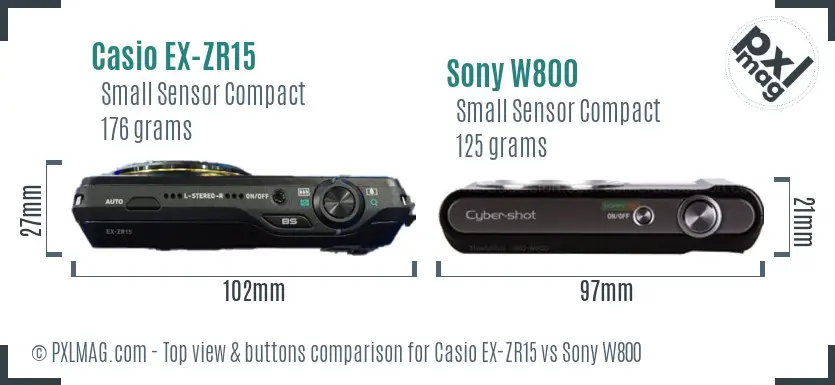 Casio EX-ZR15 vs Sony W800 top view buttons comparison Casio EX-ZR15 vs Sony W800 top view buttons comparison