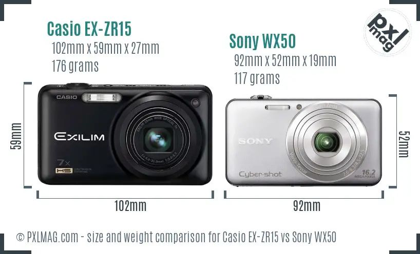 Casio EX-ZR15 vs Sony WX50 size comparison