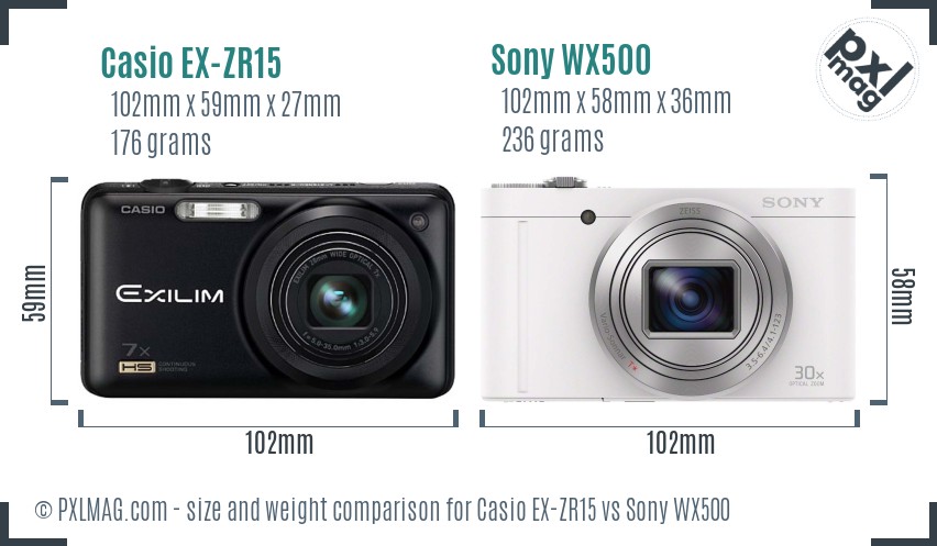 Casio EX-ZR15 vs Sony WX500 size comparison
