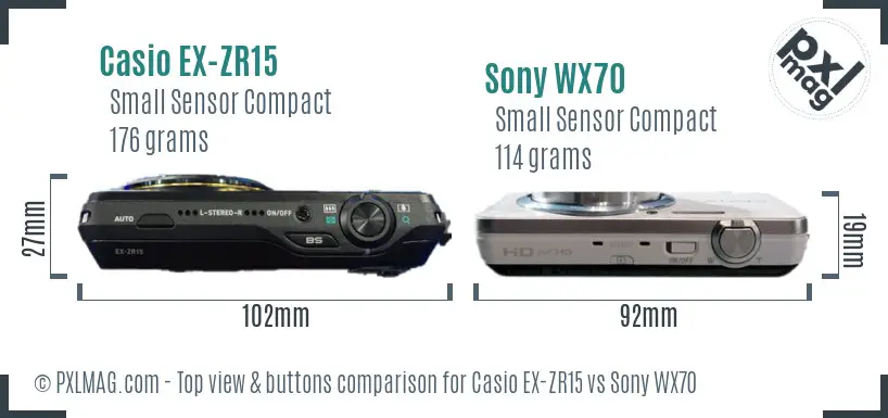 Casio EX-ZR15 vs Sony WX70 top view buttons comparison Casio EX-ZR15 vs Sony WX70 top view buttons comparison