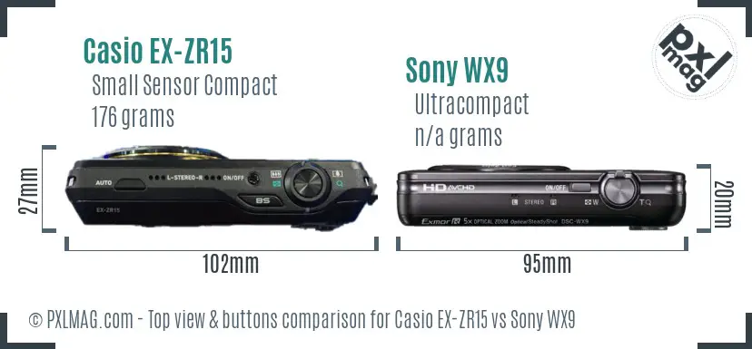Casio EX-ZR15 vs Sony WX9 top view buttons comparison Casio EX-ZR15 vs Sony WX9 top view buttons comparison