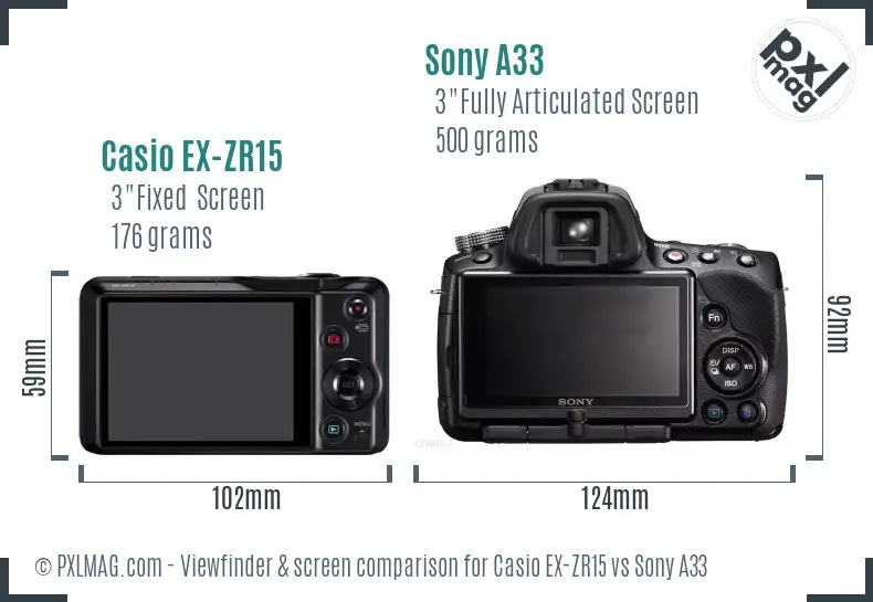 Casio EX-ZR15 vs Sony A33 Screen and Viewfinder comparison