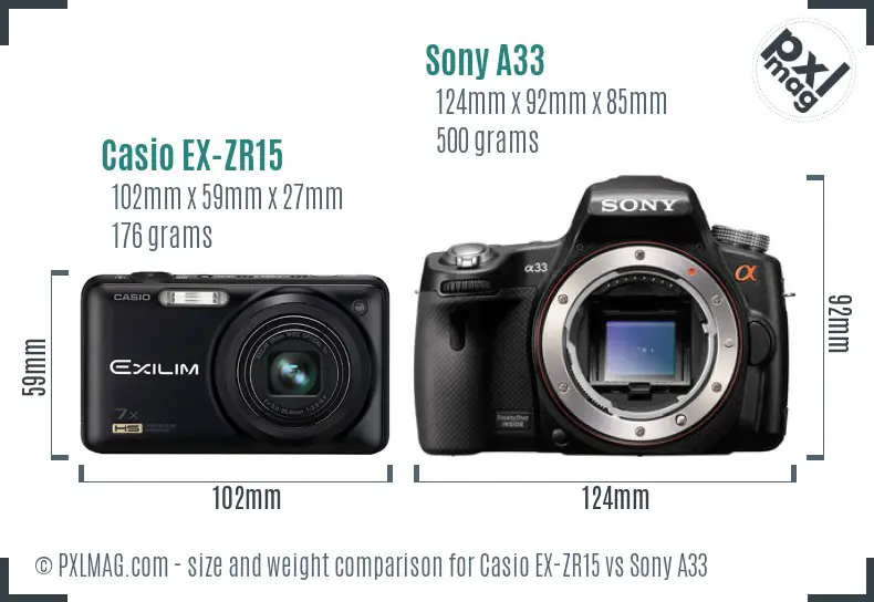 Casio EX-ZR15 vs Sony A33 size comparison