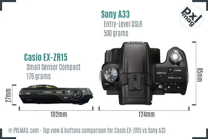 Casio EX-ZR15 vs Sony A33 top view buttons comparison