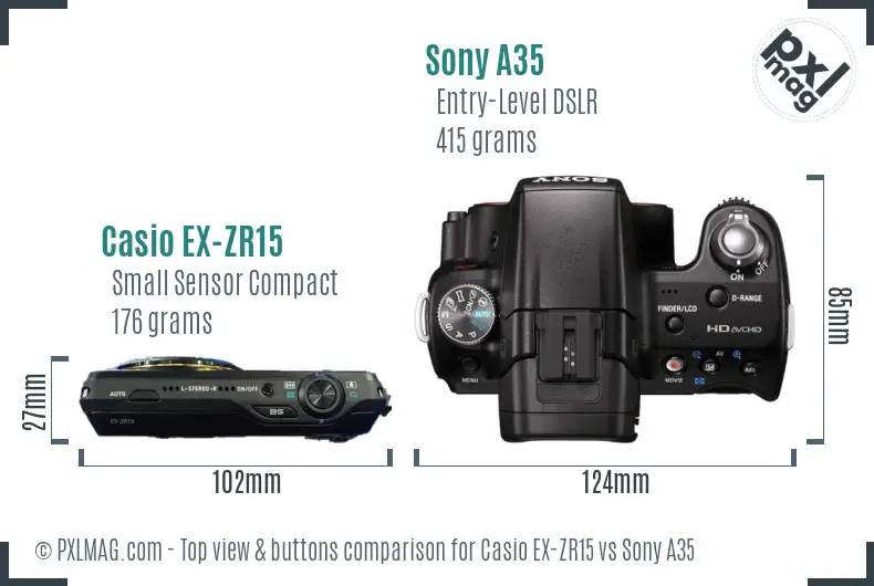 Casio EX-ZR15 vs Sony A35 top view buttons comparison Casio EX-ZR15 vs Sony A35 top view buttons comparison