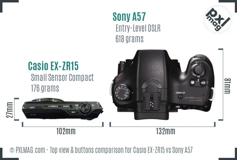 Casio EX-ZR15 vs Sony A57 top view buttons comparison Casio EX-ZR15 vs Sony A57 top view buttons comparison