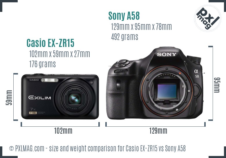 Casio EX-ZR15 vs Sony A58 size comparison