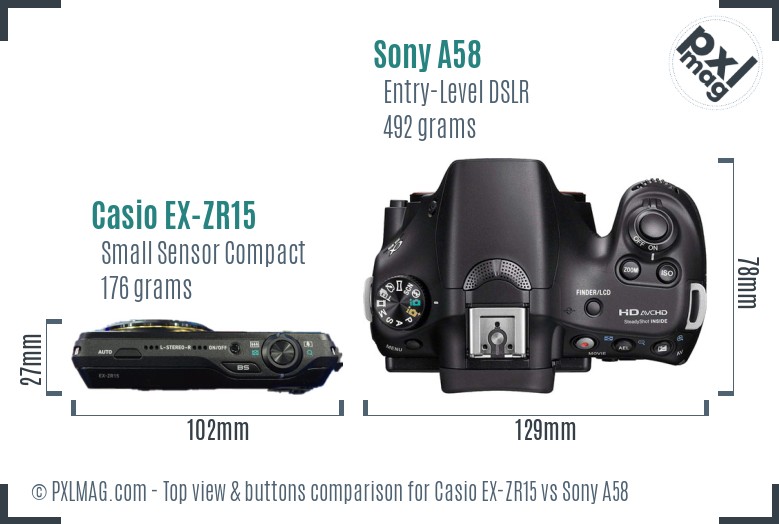 Casio EX-ZR15 vs Sony A58 top view buttons comparison