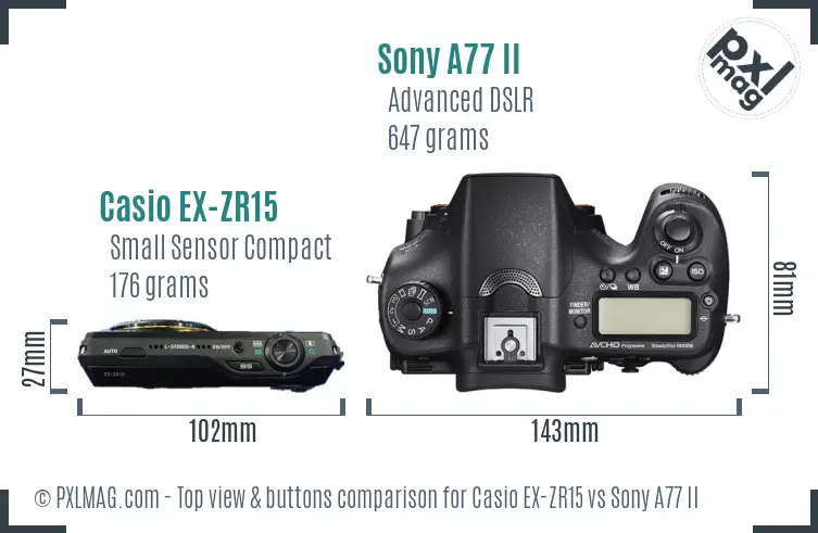 Casio EX-ZR15 vs Sony A77 II top view buttons comparison Casio EX-ZR15 vs Sony A77 II top view buttons comparison