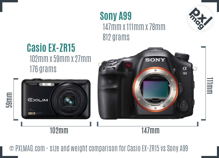 Casio EX-ZR15 vs Sony A99 size comparison