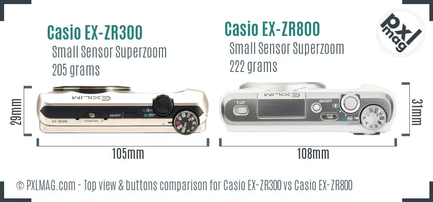 Casio EX-ZR300 vs Casio EX-ZR800 top view buttons comparison