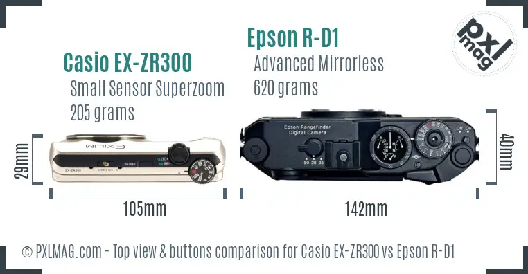 Casio EX-ZR300 vs Epson R-D1 top view buttons comparison