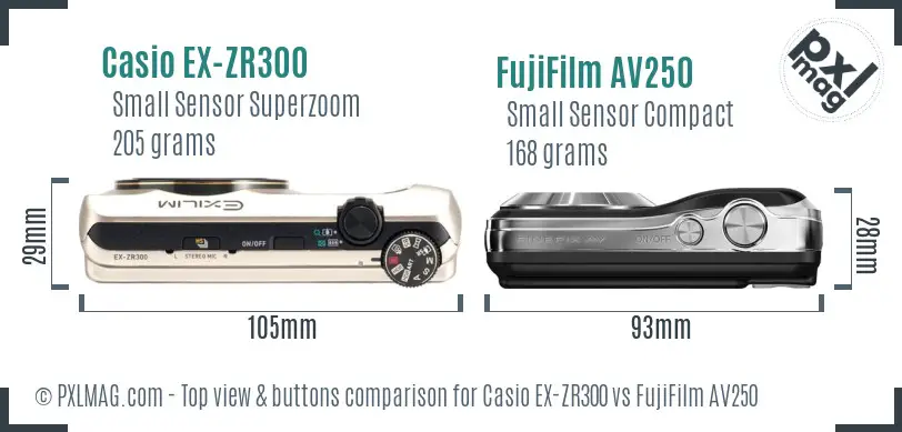Casio EX-ZR300 vs FujiFilm AV250 top view buttons comparison