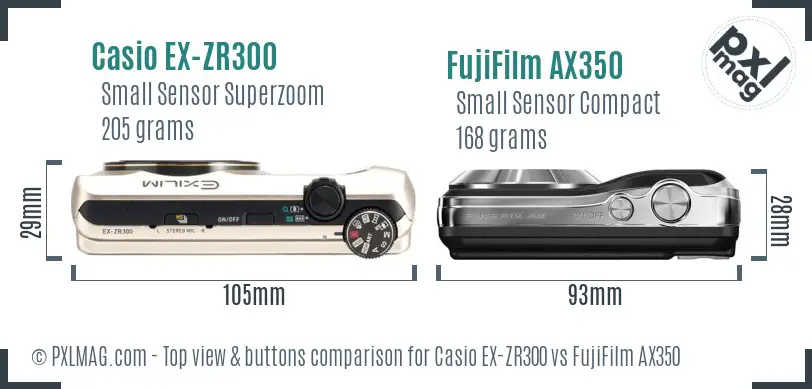 Casio EX-ZR300 vs FujiFilm AX350 top view buttons comparison