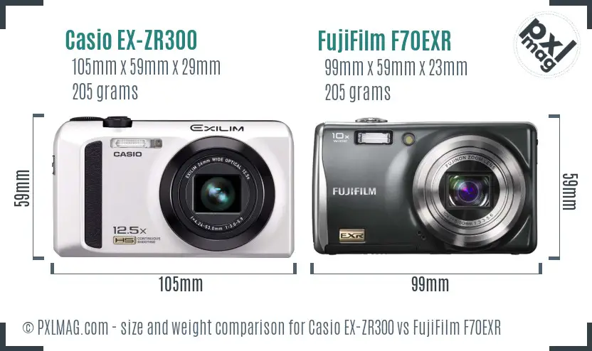 Casio EX-ZR300 vs FujiFilm F70EXR size comparison Casio EX-ZR300 vs FujiFilm F70EXR size comparison