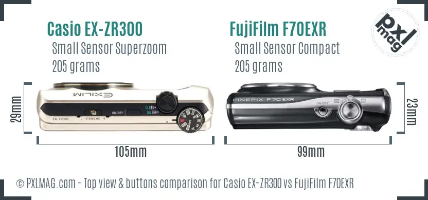 Casio EX-ZR300 vs FujiFilm F70EXR top view buttons comparison Casio EX-ZR300 vs FujiFilm F70EXR top view buttons comparison