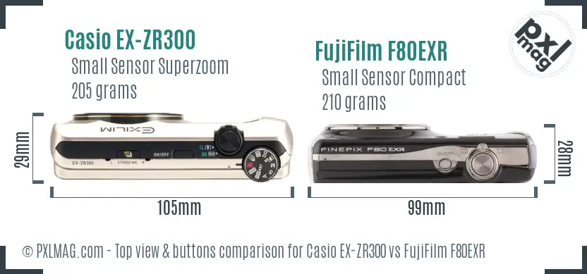 Casio EX-ZR300 vs FujiFilm F80EXR top view buttons comparison Casio EX-ZR300 vs FujiFilm F80EXR top view buttons comparison
