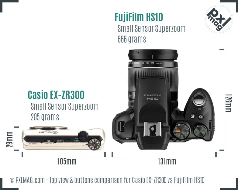 Casio EX-ZR300 vs FujiFilm HS10 top view buttons comparison