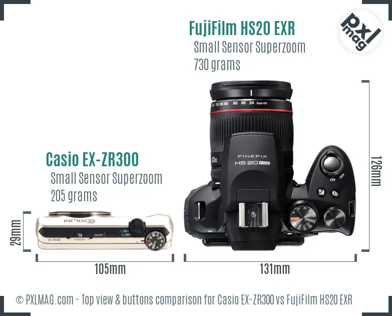 Casio EX-ZR300 vs FujiFilm HS20 EXR top view buttons comparison