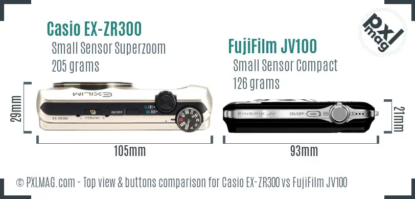Casio EX-ZR300 vs FujiFilm JV100 top view buttons comparison Casio EX-ZR300 vs FujiFilm JV100 top view buttons comparison