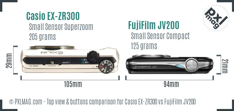 Casio EX-ZR300 vs FujiFilm JV200 top view buttons comparison