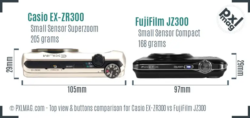 Casio EX-ZR300 vs FujiFilm JZ300 top view buttons comparison