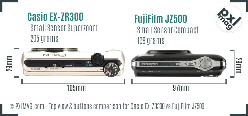 Casio EX-ZR300 vs FujiFilm JZ500 top view buttons comparison Casio EX-ZR300 vs FujiFilm JZ500 top view buttons comparison