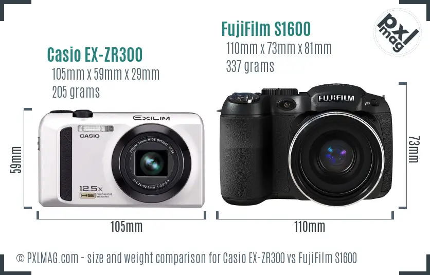 Casio EX-ZR300 vs FujiFilm S1600 size comparison